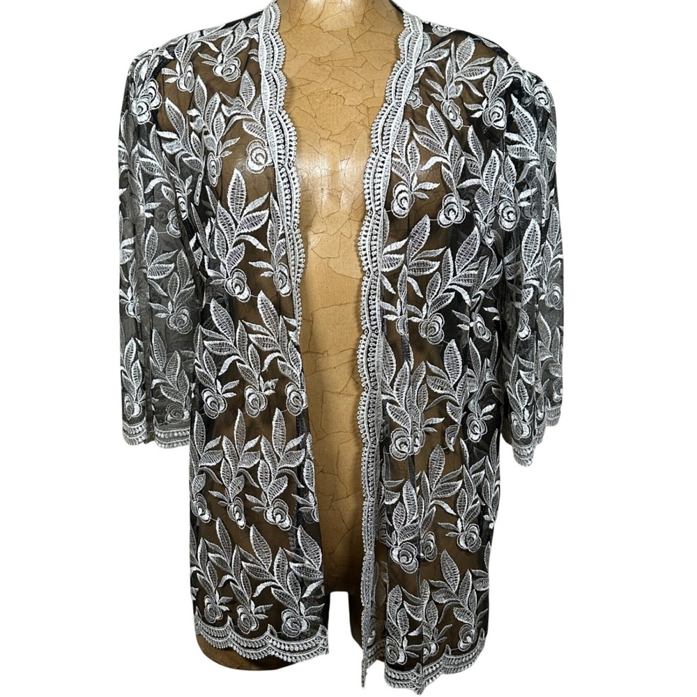 Black White Floral Lace Sheer Open Front Kimono Cardigan Korea Gothic Embroidery